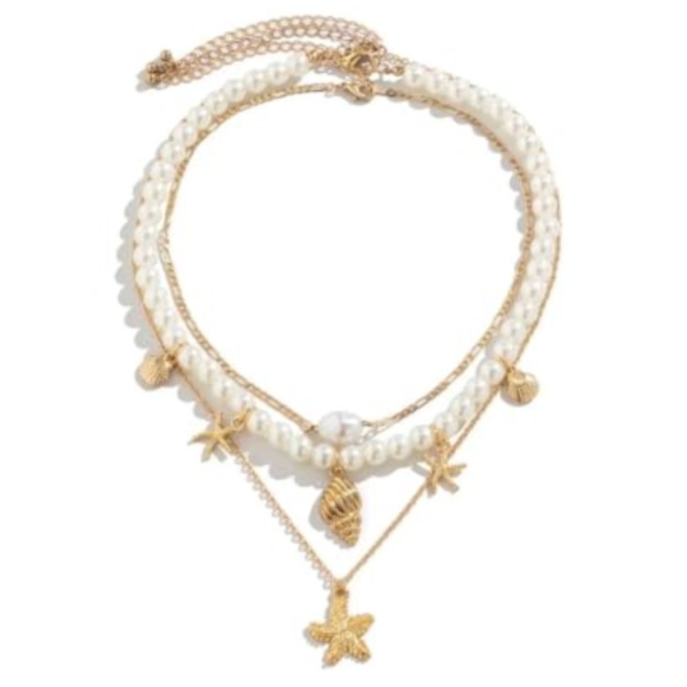 Gold-Plated Seashell & Starfish Necklace – Bohemian Beach Pearl Jewelry